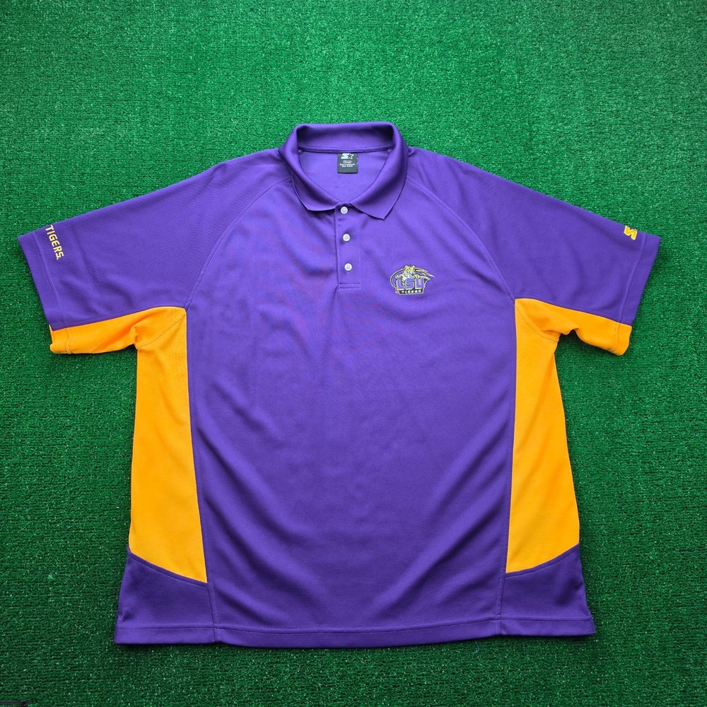 LSU Tigers Polo Shirt Mens XL Purple Yellow Starter NCAA Performance Embroidered